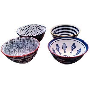 4 Global Design Connections Blue & White Ceramic Fish Design Bowls